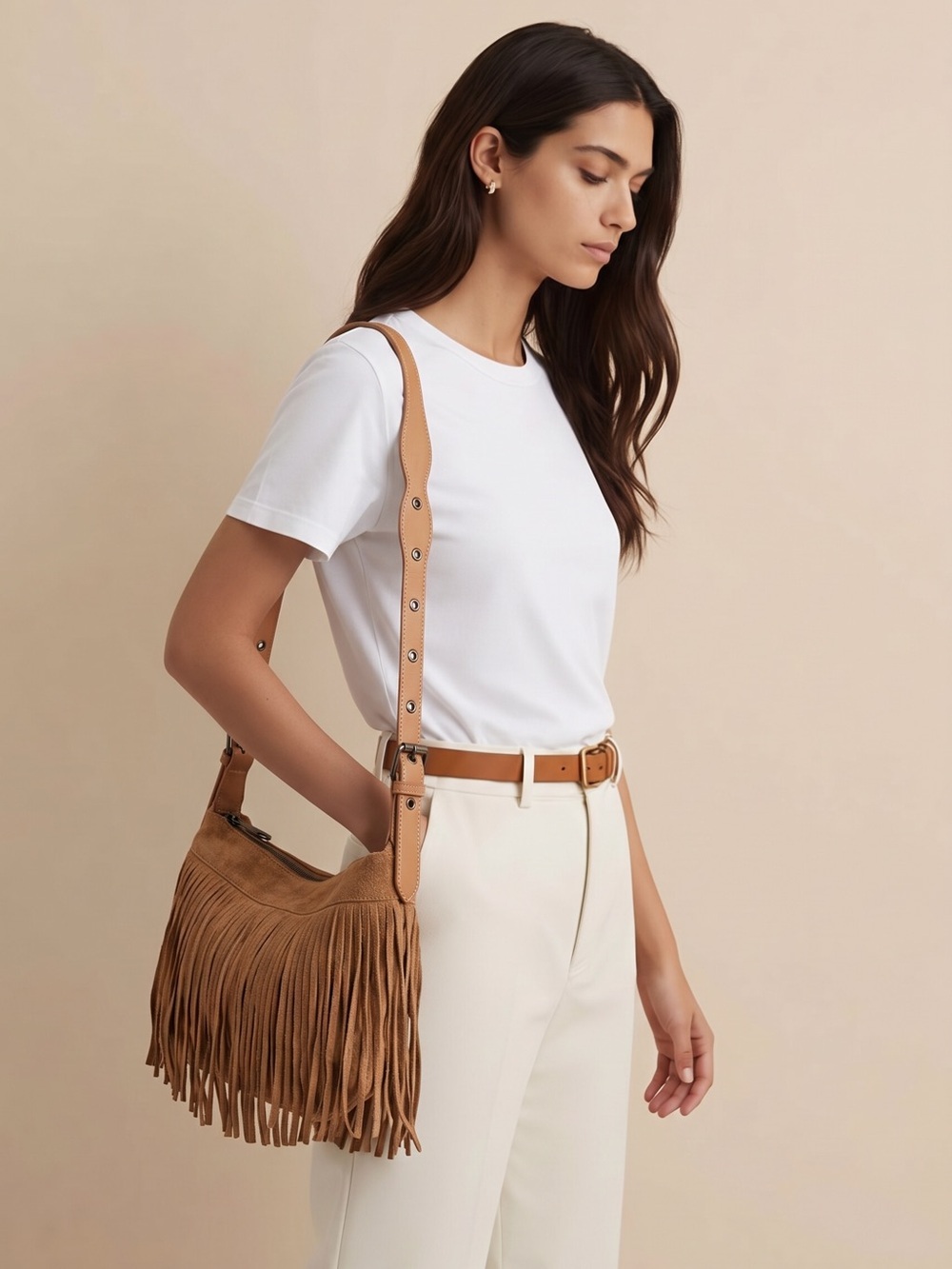 Boho Suede Fringe Crossbody Bag in Tan - Picture 3 of 13
